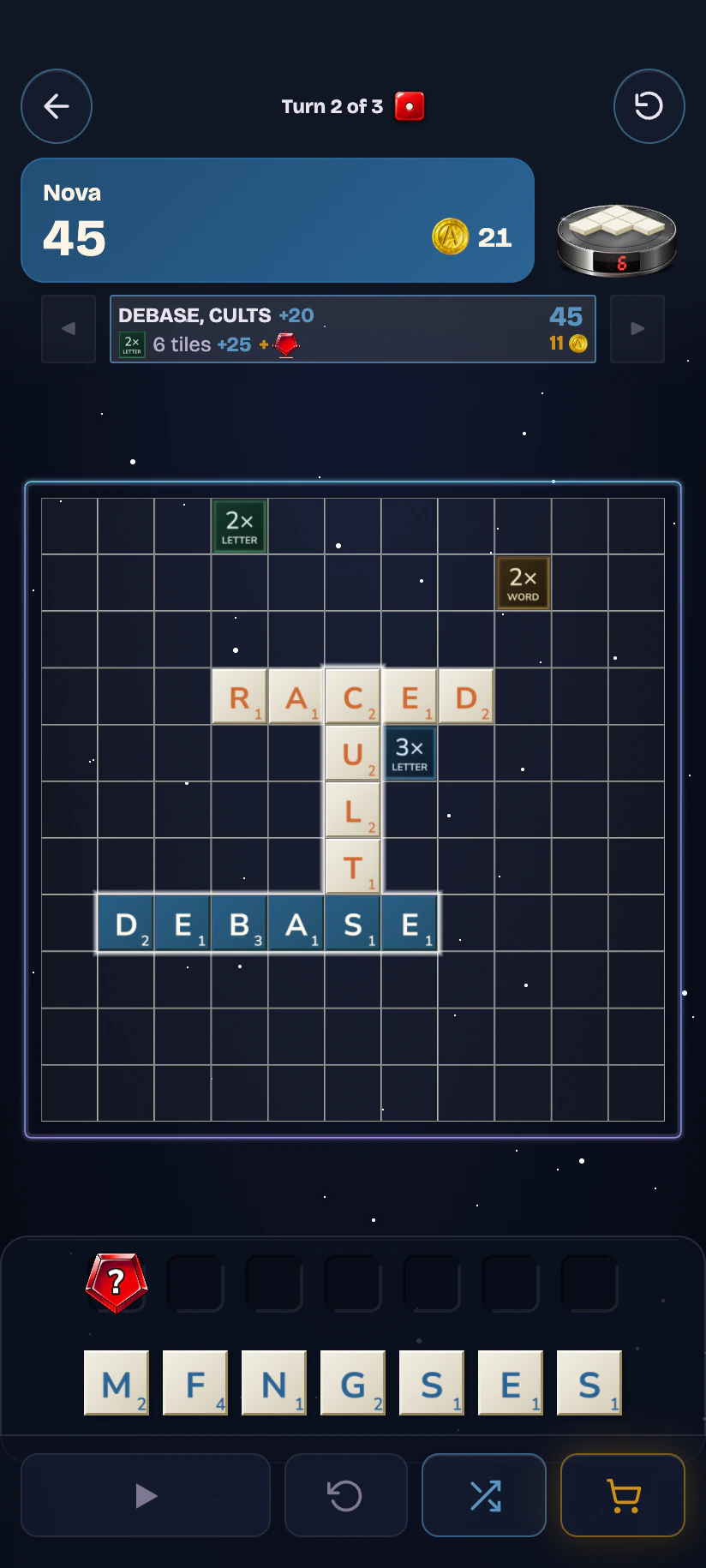 Turn 2 of 3 of a Daily Challenge: DEBASE and CULTS on an 11 by 11 board, a six-tile bonus of +25 and a Pentagon in the power bar, and 6 tiles left in the reserve