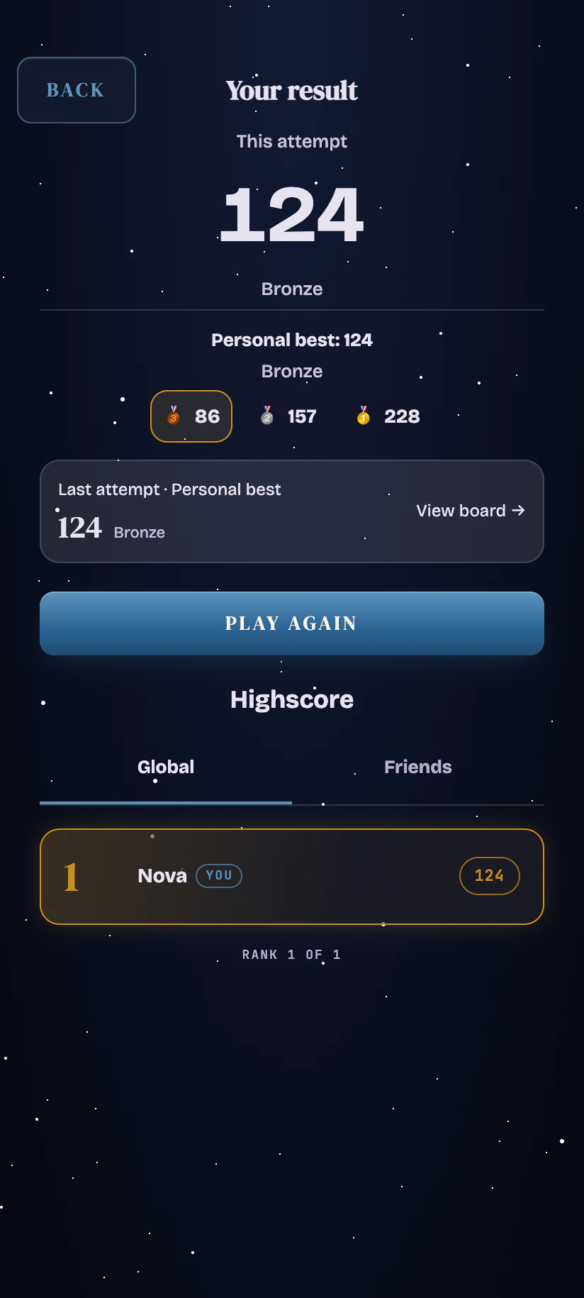 The result screen: a score of 124 earns Bronze against targets of 86, 157 and 228, with a link to view the board